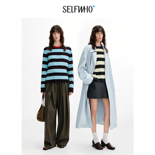 SELFWHO可机洗绵羊毛撞色条纹毛织长袖T恤女2026秋季新款圆领上衣 商品图1