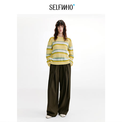 SELFWHO羊驼毛马海毛混纺撞色落日条纹毛衣女2026秋新款落肩上衣 商品图1