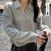 西遇短款Polo领长袖上衣女2026秋季宽松V领简约休闲落肩套头T恤SS060853 商品缩略图0