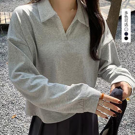 西遇短款Polo领长袖上衣女2026秋季宽松V领简约休闲落肩套头T恤SS060853