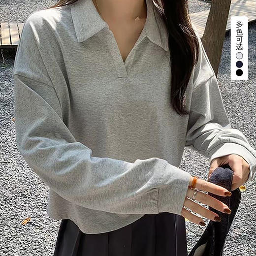 西遇短款Polo领长袖上衣女2026秋季宽松V领简约休闲落肩套头T恤SS060853 商品图0