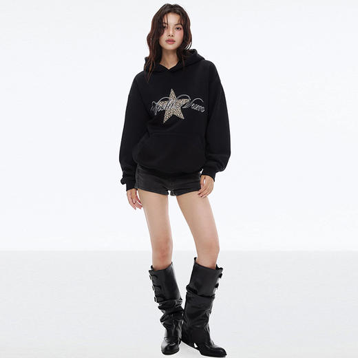 西遇星星烫钻刺绣连帽卫衣女2026秋季美式复古街头休闲套头上衣SS060878 商品图4