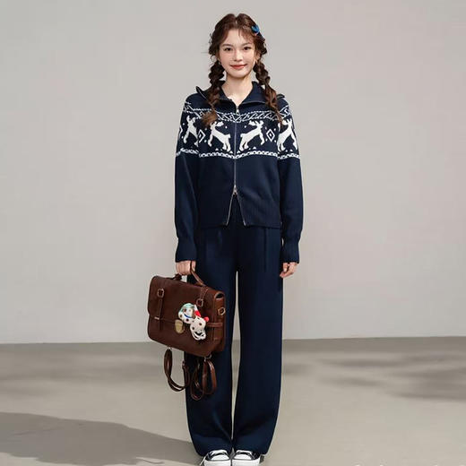 西遇费尔岛提花针织套装女2026秋季立领拉链开衫阔腿裤软糯两件套SS060879 商品图4