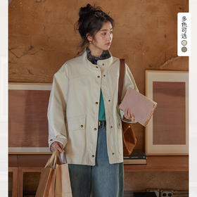 西遇立领工装外套女2026秋季大口袋宽松休闲复古通勤夹克上衣SS060884