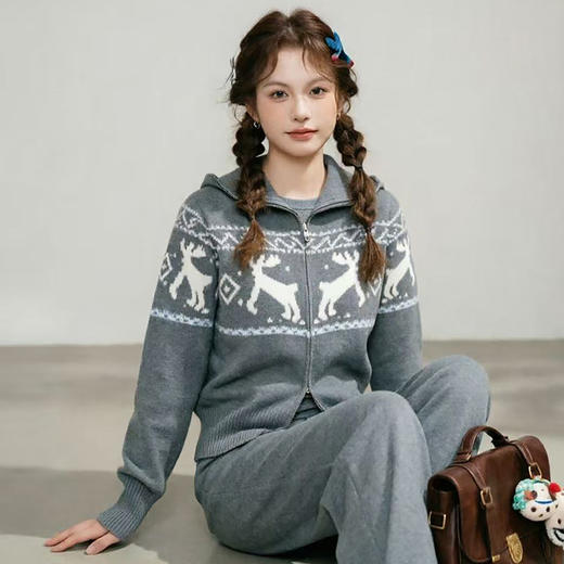西遇费尔岛提花针织套装女2026秋季立领拉链开衫阔腿裤软糯两件套SS060879 商品图2