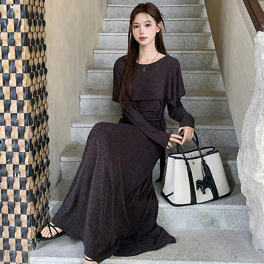 西遇披肩收腰针织套装女2026秋季气质绑带上衣垂感阔腿长裙两件套SS060883 商品图2