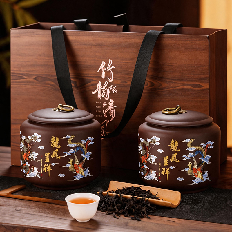 龙御宫廷×笙观龙凤呈祥大红袍茶叶礼盒 武夷山产区 古法炭火制茶  茶叶壮实匀整 茶香醇厚 紫砂茶罐 精美礼盒