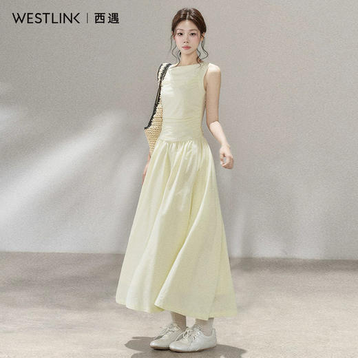 西遇韩系船领无袖连衣裙女2026年夏季新款收腰捏褶大摆A字长裙SS060647 商品图4