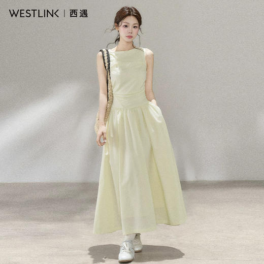 西遇韩系船领无袖连衣裙女2026年夏季新款收腰捏褶大摆A字长裙SS060647 商品图3