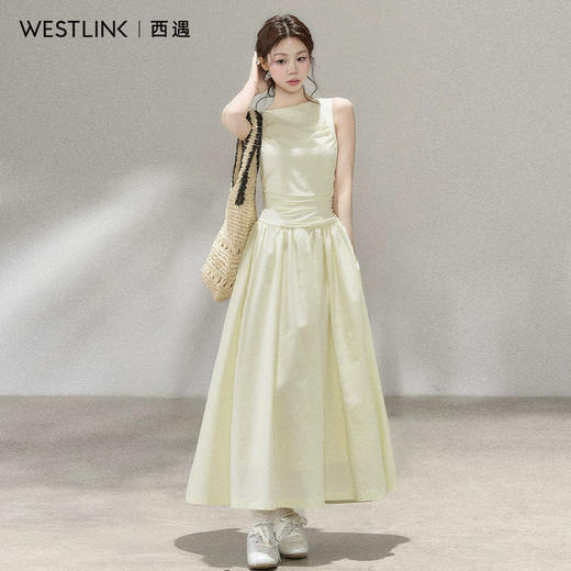 西遇韩系船领无袖连衣裙女2026年夏季新款收腰捏褶大摆A字长裙SS060647 商品图1