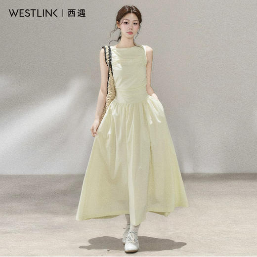 西遇韩系船领无袖连衣裙女2026年夏季新款收腰捏褶大摆A字长裙SS060647 商品图2