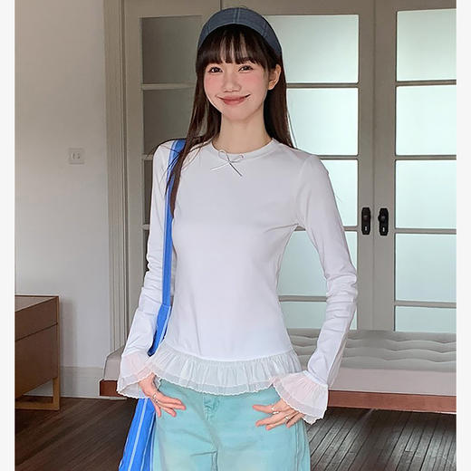 西遇蕾丝木耳边拼接打底衫女2026秋季温柔风荷叶边长袖针织上衣SS060864 商品图1