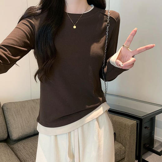 西遇撞色假两件长袖T恤女2026秋季简约圆领修身百搭叠穿打底上衣SS060848 商品图2