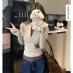 西遇刺绣半开领假两件针织衫女2026秋季修身显瘦撞色叠穿长袖上衣SS060845