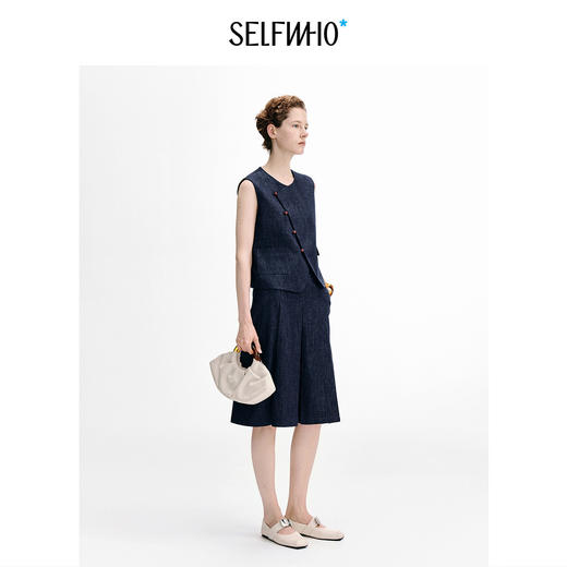 [马君妍同款]SELFWHO进口仿麻竹节水洗牛仔马甲女秋新款马夹套装 商品图1