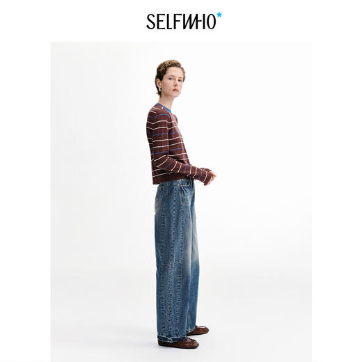 SELFWHO莱赛尔亚麻混纺撞色条纹圆领长袖T恤女2026秋新款针织上衣 商品图1