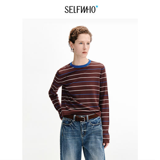 SELFWHO莱赛尔亚麻混纺撞色条纹圆领长袖T恤女2026秋新款针织上衣 商品图0