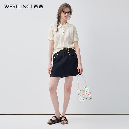 西遇镂空短袖针织Polo衫女2026年夏季新款米白色学院风短款上衣SS060405 商品图3