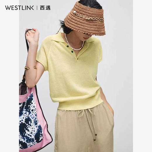 西遇莱赛尔凉感针织上衣女2026年夏季新款亚麻翻领正肩短袖T恤E0060426 商品图3