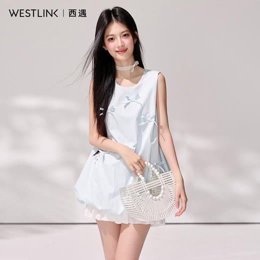 西遇韩系甜美风圆领无袖衬衫女2026年夏季新款浅蓝蝴蝶结宽松上衣SS060412 商品图4