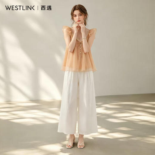西遇甜美v领小飞袖衬衫女2026夏季新款雪纺系带宽松无袖吊带上衣SS060631 商品图4
