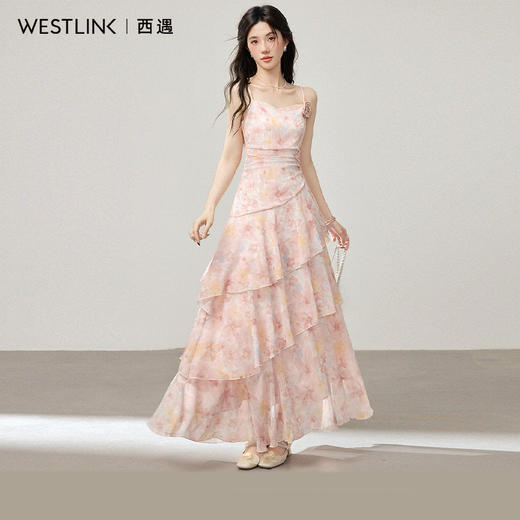 西遇立体花朵吊带连衣裙女2026年夏季新款方领荷叶边粉色碎花长裙SS060359 商品图4