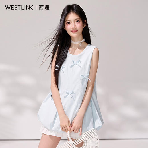 西遇韩系甜美风圆领无袖衬衫女2026年夏季新款浅蓝蝴蝶结宽松上衣SS060412 商品图3
