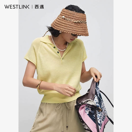 西遇莱赛尔凉感针织上衣女2026年夏季新款亚麻翻领正肩短袖T恤E0060426 商品图4