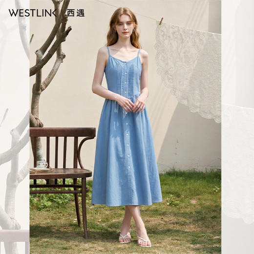 西遇蓝色单排扣吊带连衣裙女2026年夏季新款法式收腰显瘦气质长裙10860125 商品图1