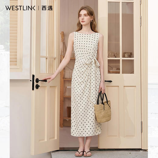西遇法式波点连衣裙女2026年夏季新款侧收腰系带褶皱杏色无袖长裙E0060316 商品图4