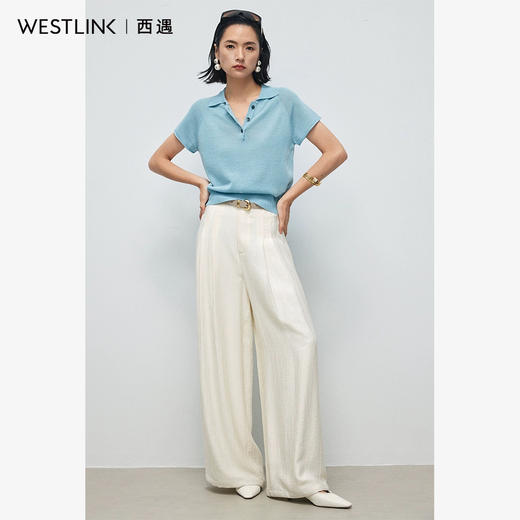西遇莱赛尔凉感针织上衣女2026年夏季新款亚麻翻领正肩短袖T恤E0060426 商品图1