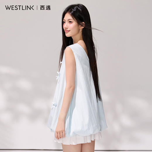 西遇韩系甜美风圆领无袖衬衫女2026年夏季新款浅蓝蝴蝶结宽松上衣SS060412 商品图2