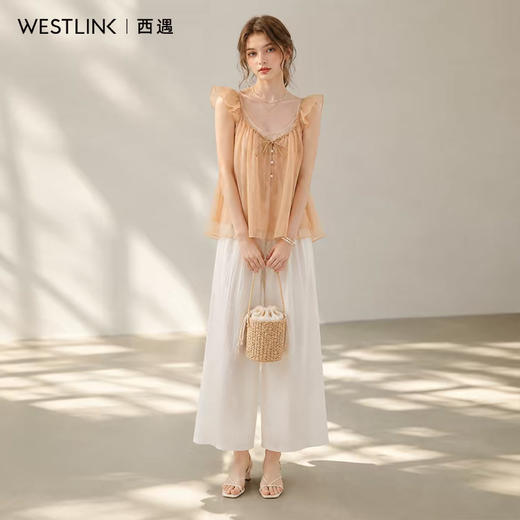 西遇甜美v领小飞袖衬衫女2026夏季新款雪纺系带宽松无袖吊带上衣SS060631 商品图1