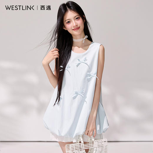 西遇韩系甜美风圆领无袖衬衫女2026年夏季新款浅蓝蝴蝶结宽松上衣SS060412 商品图1