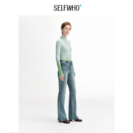 SELFWHO棉混纺复古水洗做旧猫须微喇牛仔裤女2026秋新款修身长裤 商品图2