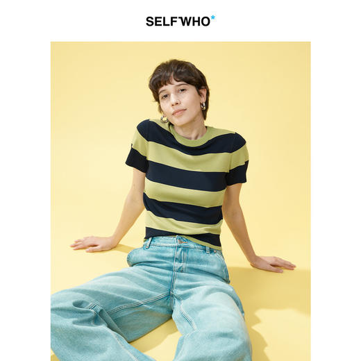 SELFWHO30支双曲纱线撞色条纹短袖T恤女2026夏季新款针织短款上衣 商品图3