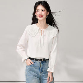 西遇蕾丝大翻领衬衫女2026秋新款系带蝴蝶结喇叭袖温柔风长袖上衣SS060923