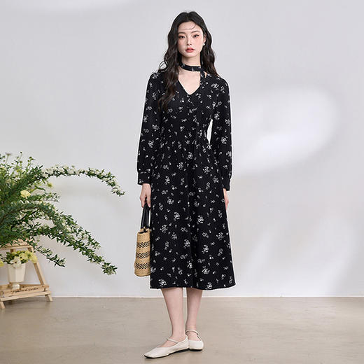 【南法假日】法式复古碎花裙女春季V领收腰连衣裙配饰带LXD50215 商品图1