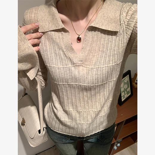 西遇Polo领针织衫女2026秋新款坑条肌理修身微喇长袖短款上衣SS060911 商品图4