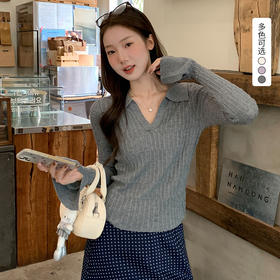 西遇Polo领针织衫女2026秋新款坑条肌理修身微喇长袖短款上衣SS060911