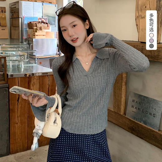 西遇Polo领针织衫女2026秋新款坑条肌理修身微喇长袖短款上衣SS060911 商品图0