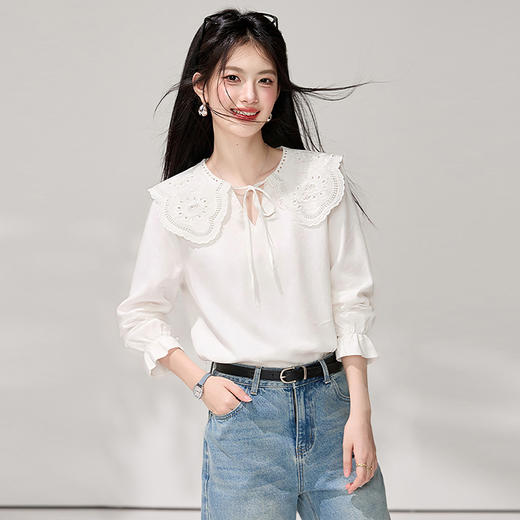 西遇蕾丝大翻领衬衫女2026秋新款系带蝴蝶结喇叭袖温柔风长袖上衣SS060923 商品图3