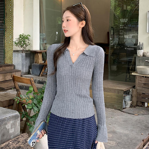 西遇Polo领针织衫女2026秋新款坑条肌理修身微喇长袖短款上衣SS060911 商品图1