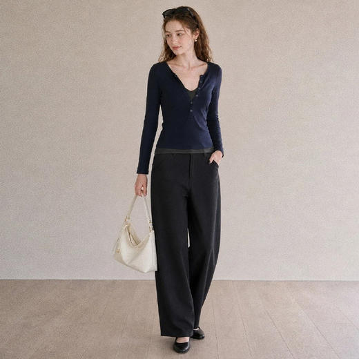 西遇半开扣假两件T恤女2026秋季新款修身显瘦叠穿感短款长袖上衣SS060901 商品图4