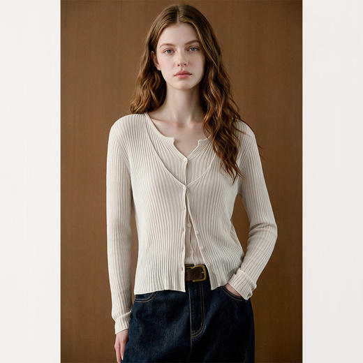 【莱赛尔+亚麻】2026秋V领假两件拼接排扣长袖针织开衫女修身外套H2660552 商品图0