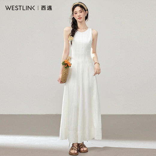 西遇白色无袖连衣裙女2026年夏季新款韩系清冷感修身气质A字长裙SS060403 商品图3