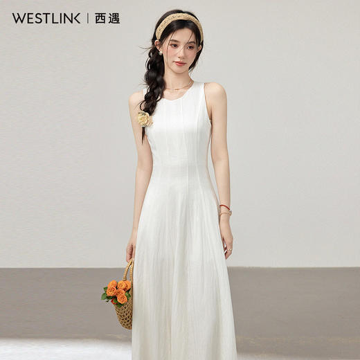 西遇白色无袖连衣裙女2026年夏季新款韩系清冷感修身气质A字长裙SS060403 商品图5