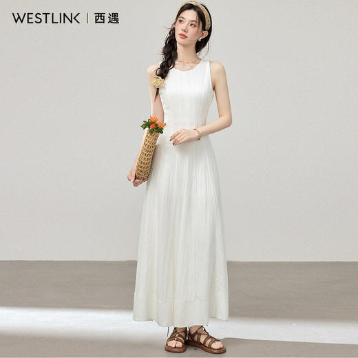 西遇白色无袖连衣裙女2026年夏季新款韩系清冷感修身气质A字长裙SS060403 商品图2
