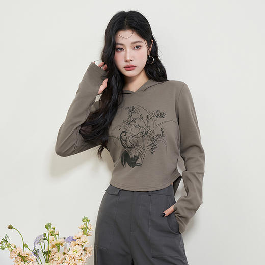 西遇美式连帽短款印花卫衣春季新款甜辣风长袖修身设计感上衣LXD55249 商品图0