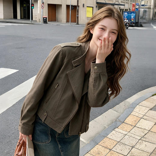 【限时秒杀】【100棉】2026秋美式复古短款立领夹克外套不规则拉链开衫上衣H2660546 商品图3